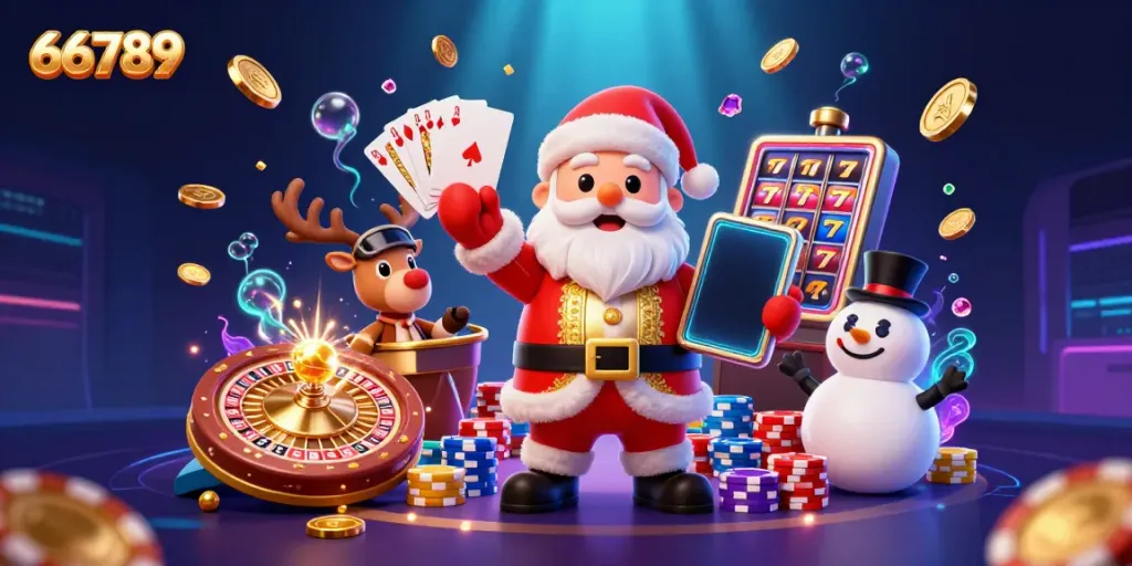 Experience winning jackpots at 66789 with animated Santa and friends in a vibrant casino scene.