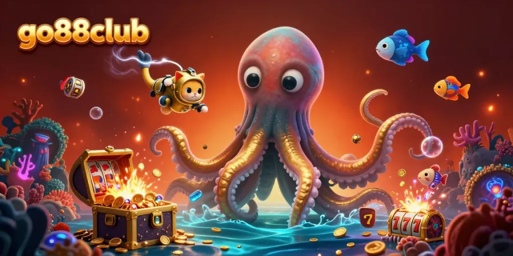 Engage with go88club in a vivid gaming adventure featuring colorful slot reels and a colossal kraken.