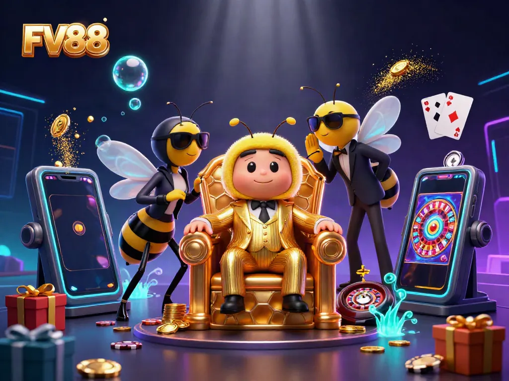 Spin the reels with FV88's vibrant casino scene featuring distinguished characters and dynamic gaming elements.