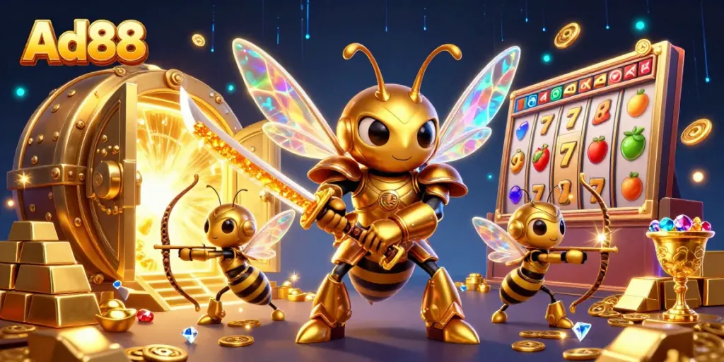 Experience the thrill of Ad88 with vibrant casino elements and a dynamic 3D scene.