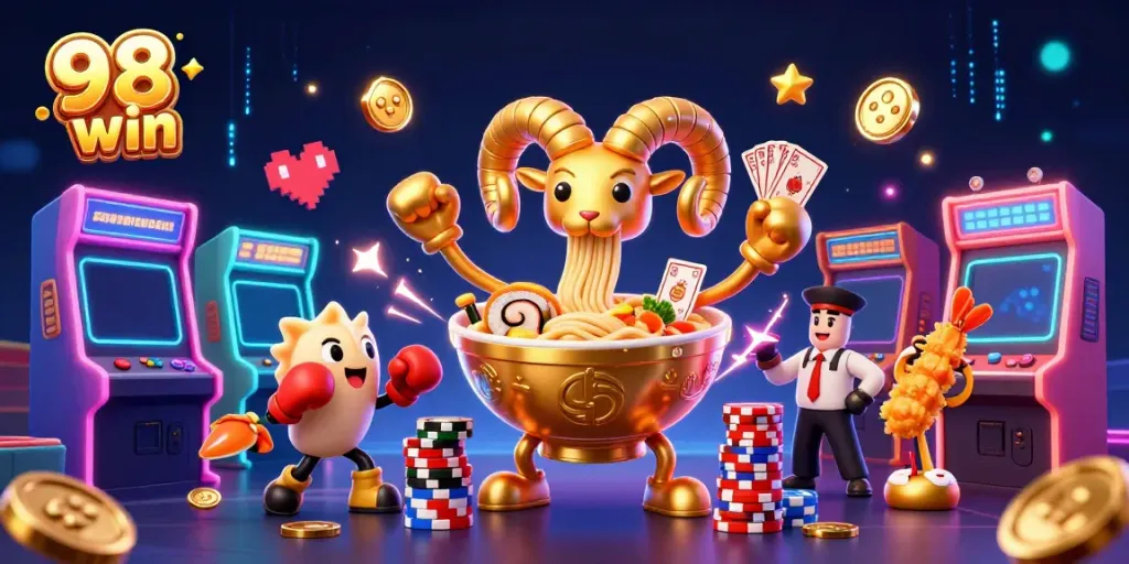 Experience the thrill of 98 win with colorful characters and game elements in an exciting casino setting.