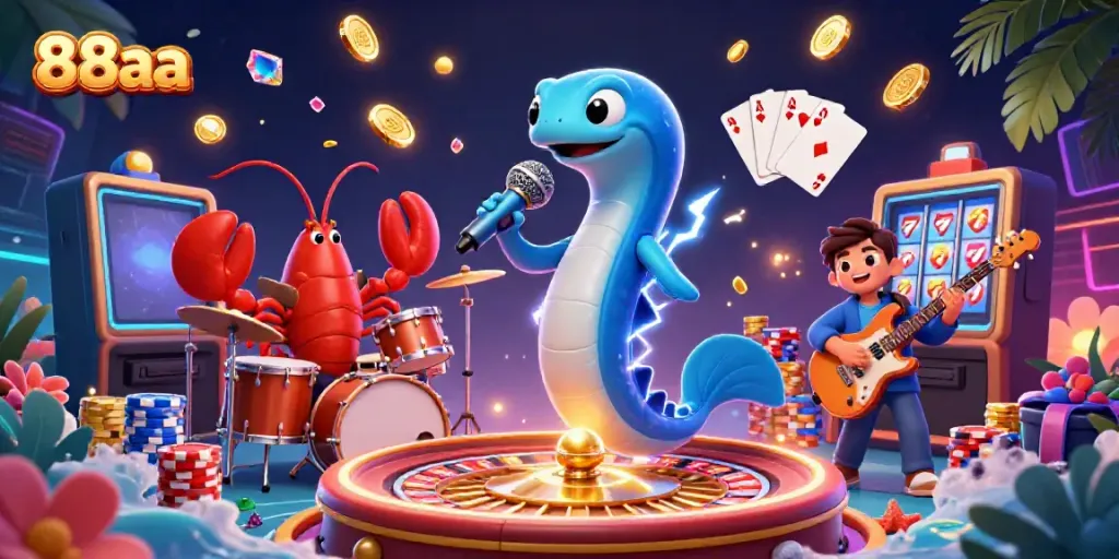 88aa's electric eel DJ leads an underwater casino band, surrounded by sparkling gems and coins.