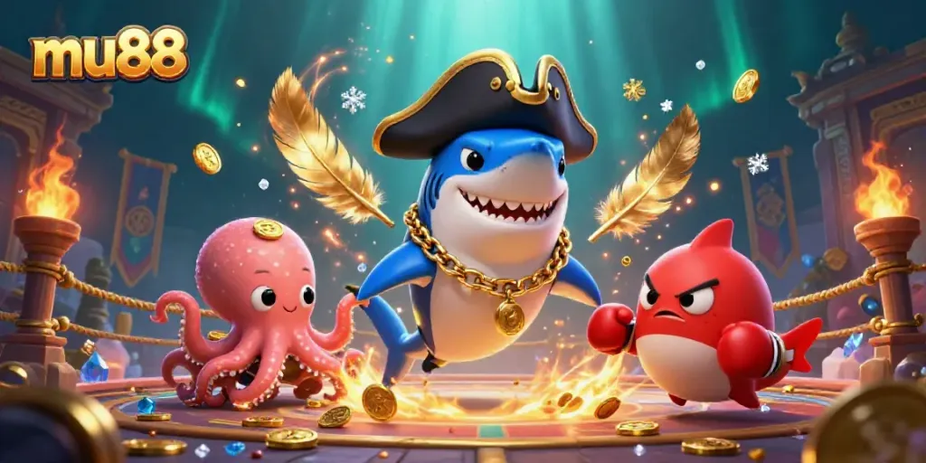 Join the excitement at mu88 with a pirate shark, pufferfish, and octopus amidst treasures and gaming elements.