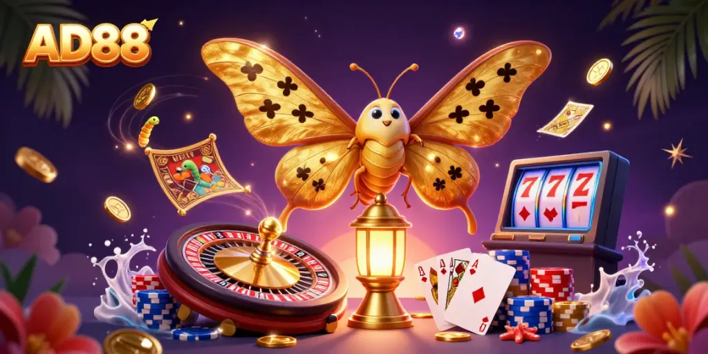 Engage in thrilling games at AD88 with a captivating scene featuring a golden atlas moth and dazzling casino elements.