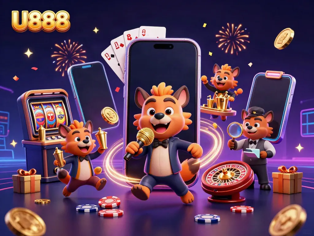 U888 showcases a vibrant 3D scene with hyenas running a casino, featuring playful game elements.