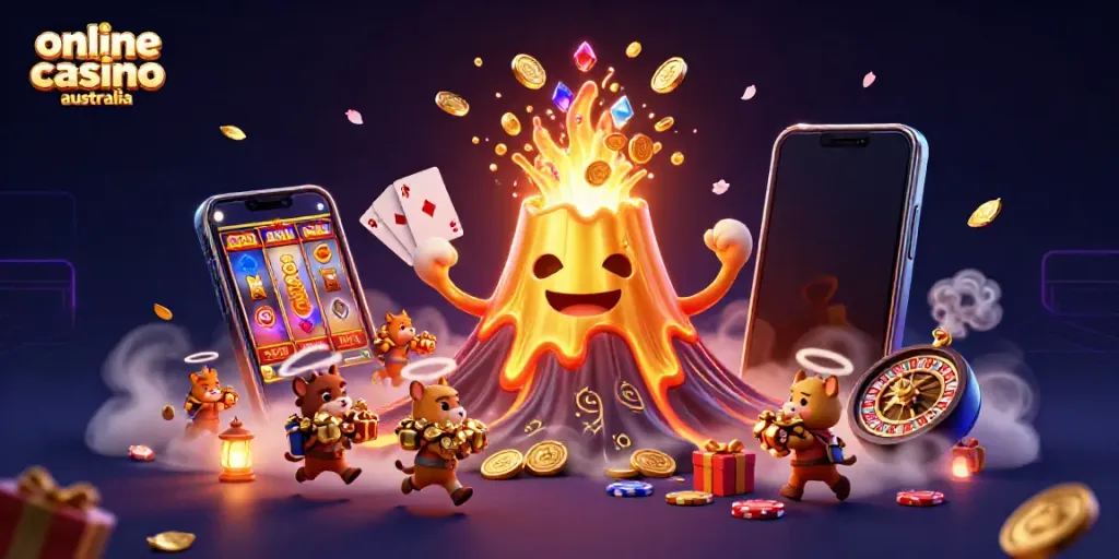 Experience the thrill of playing at an online casino australia as coins and treasure erupt from a golden volcano.