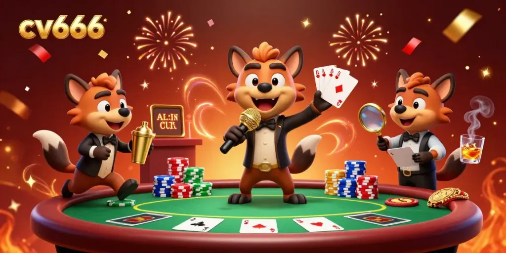 Experience exhilarating fun with cv666's 3D hyena casino club, featuring comedy, poker, and vibrant celebrations.