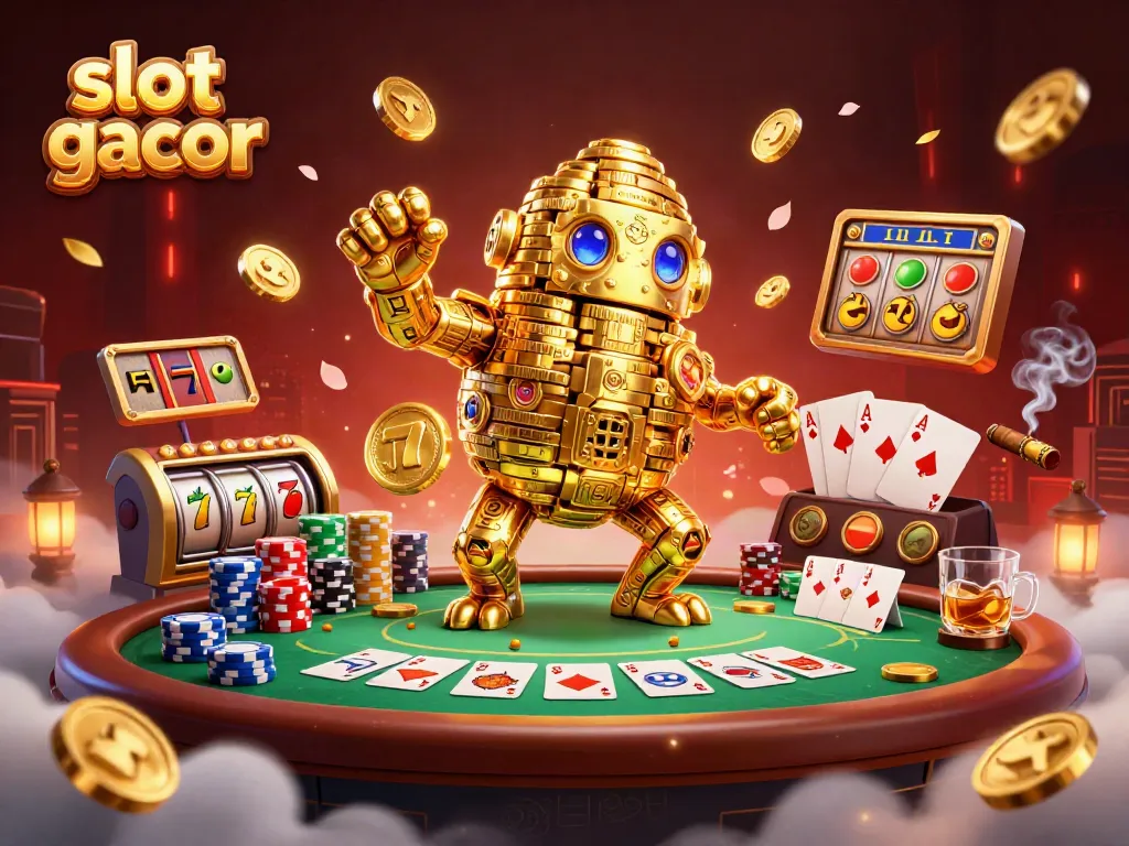 Experience playing slot gacor with a golden golem, poker elements, and vibrant casino atmosphere.