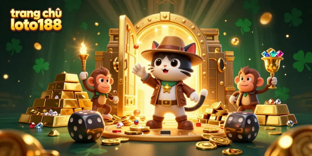 Engage with the dynamic scene at trang chủ loto188 featuring a quirky archaeologist cat and golden treasures.