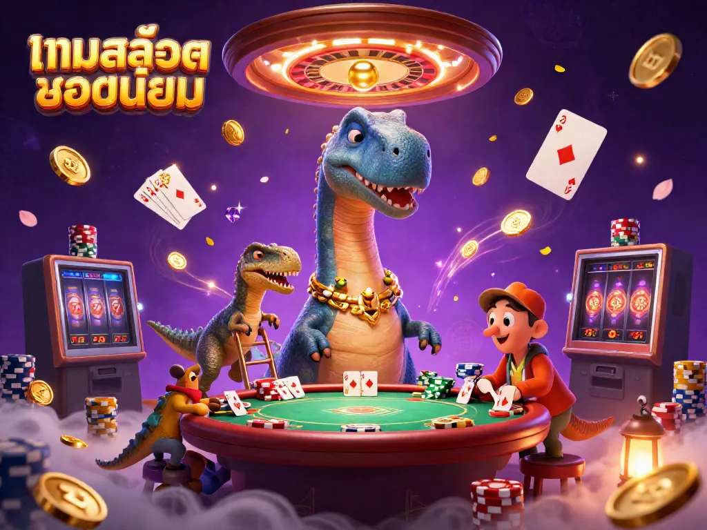 Engage with the dynamic scene of เกมสล็อตยอดนิยม featuring animated characters and vibrant casino elements.