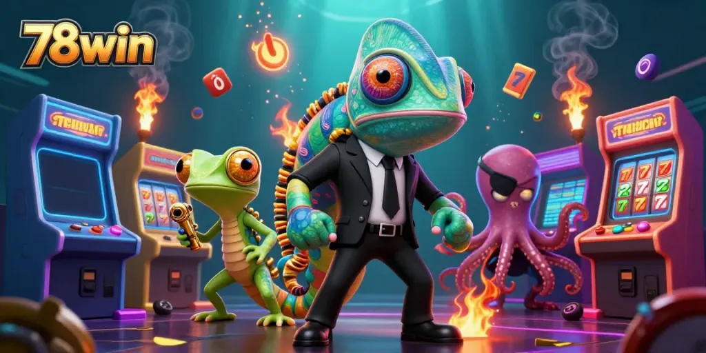 Experience the exciting world of 78win with colorful slot machines, dynamic characters, and vibrant gameplay elements.