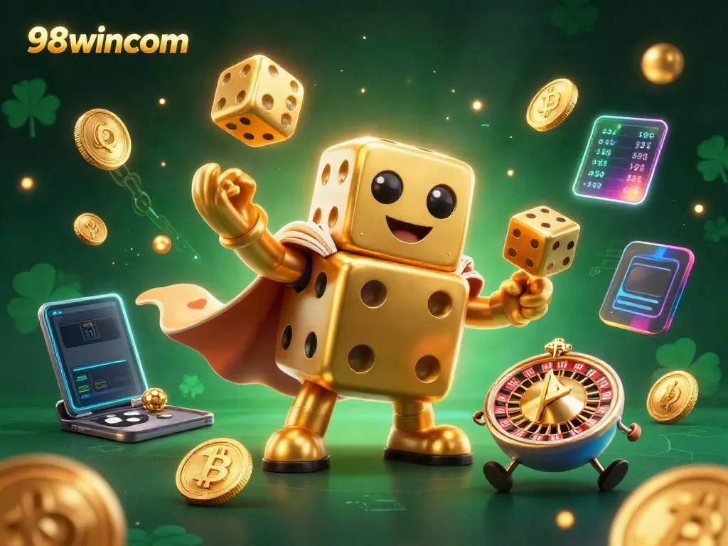 Engage with thrilling online gaming at 98wincom, featuring a vivid casino-themed illustration.