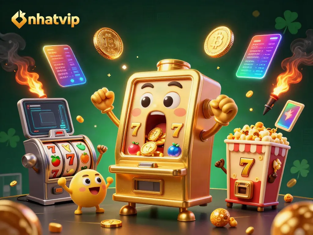 Nhatvip's golden slot machine celebrates a jackpot win amid wealth and excitement.