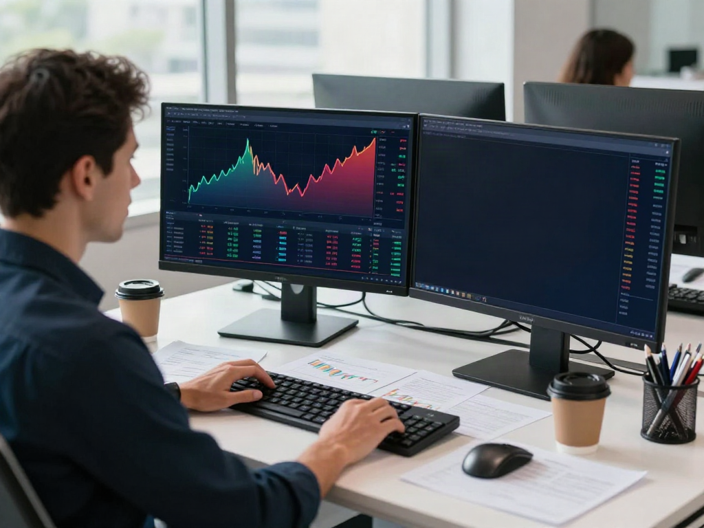 Trader using TradingView on dual monitors in a modern office.