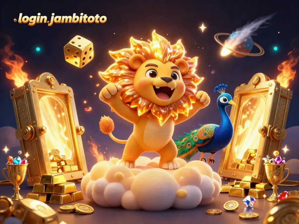 Experience excitement with login jambitoto as game elements surround a roaring sun lion in a vibrant casino scene.