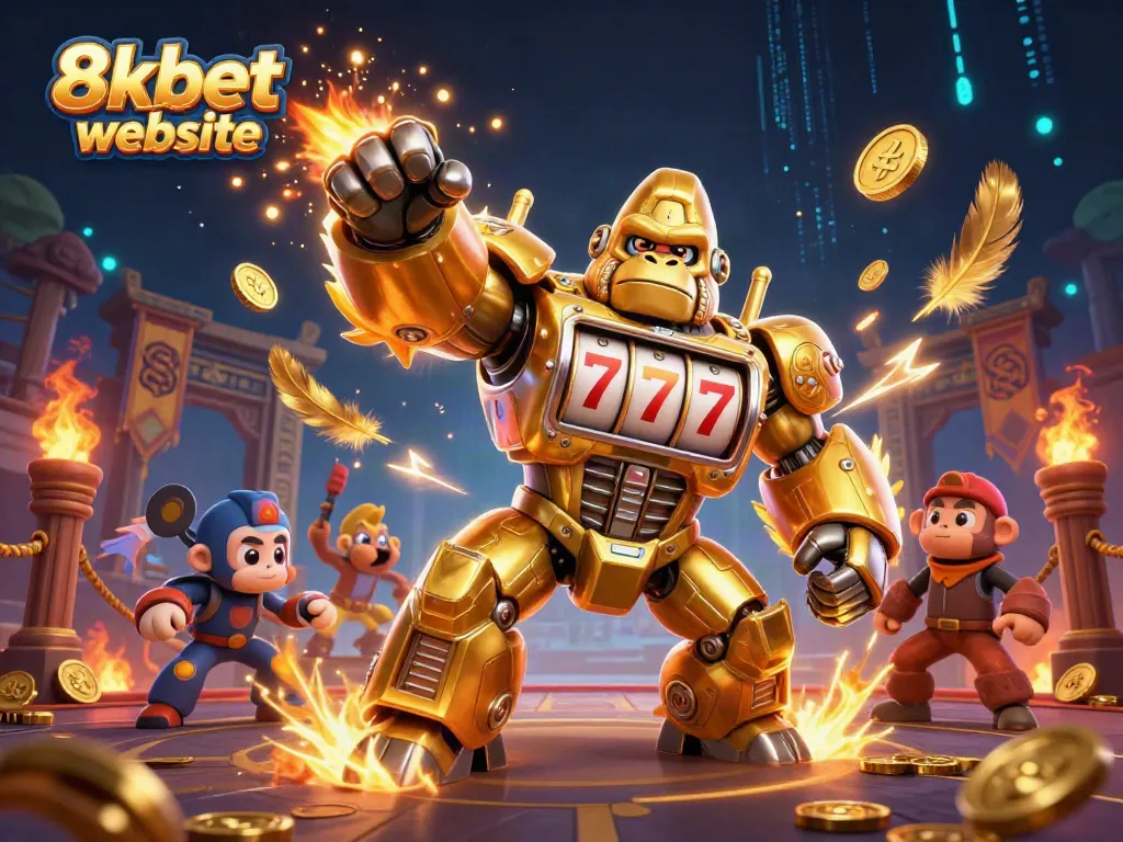 Engage with the vibrant 8xbet website experience featuring a unique golden gorilla mech and immersive casino elements.