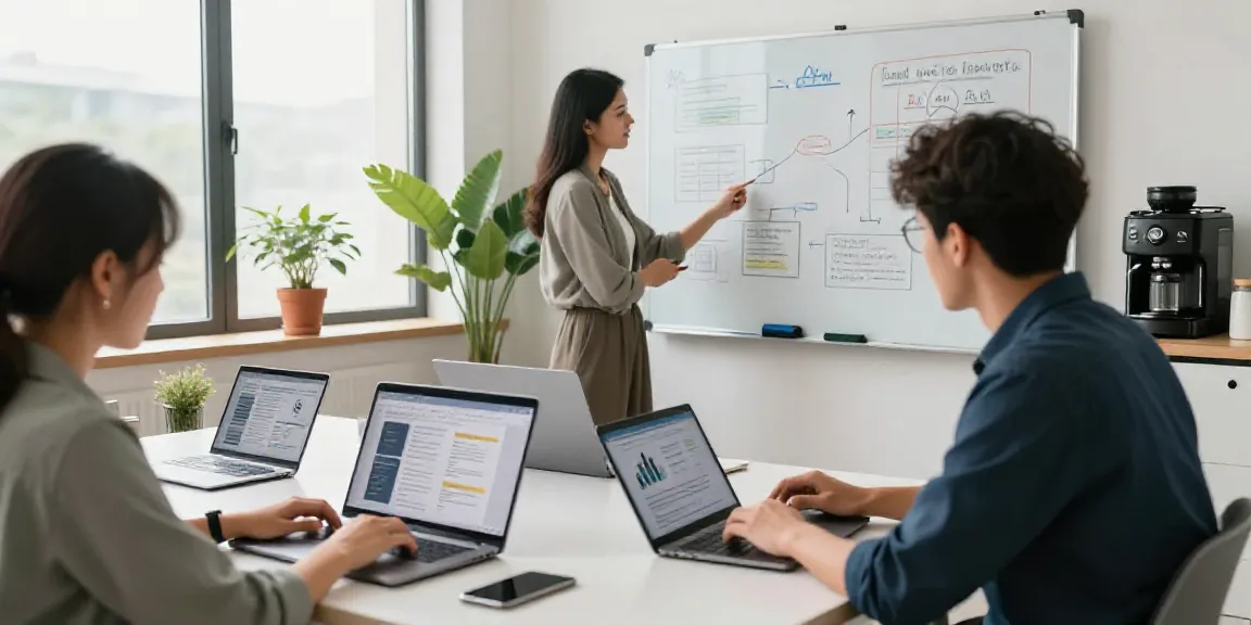 Creative workspace highlighting AI written text collaboration among professionals in a bright environment.