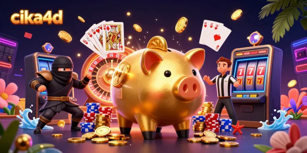 Engage with cika4d's thrilling gaming scene featuring animated characters amidst cascading coins and gem stones.