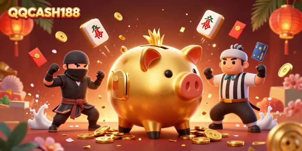 Engage with QQCASH188's thrilling gaming action featuring a dynamic golden piggy bank sumo wrestler.