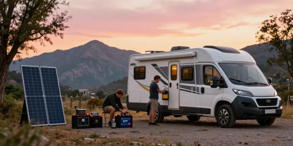 Lithium batteries for RV installation at a scenic campsite.