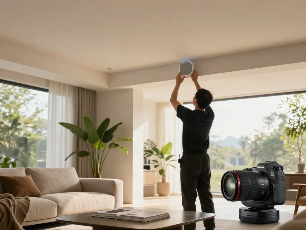 Smart ceiling speaker installed in a modern living room setting, showcasing the integration of technology.