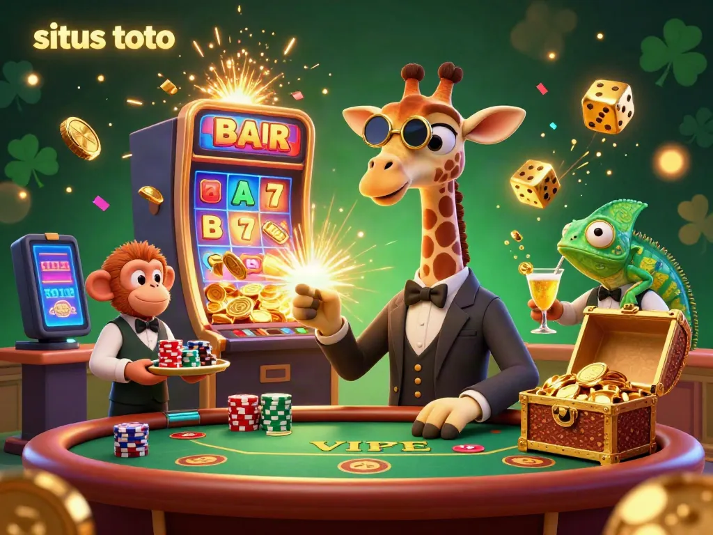 Situs toto casino scene with a giraffe, monkey valet, and chameleon bartender, celebrating big wins.