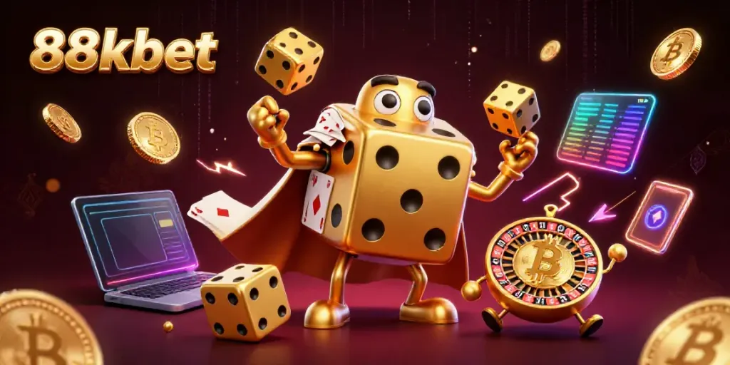 88kbet showcases a vibrant casino scene with golden dice, juggling elements, and crypto coins, expressing thrill.