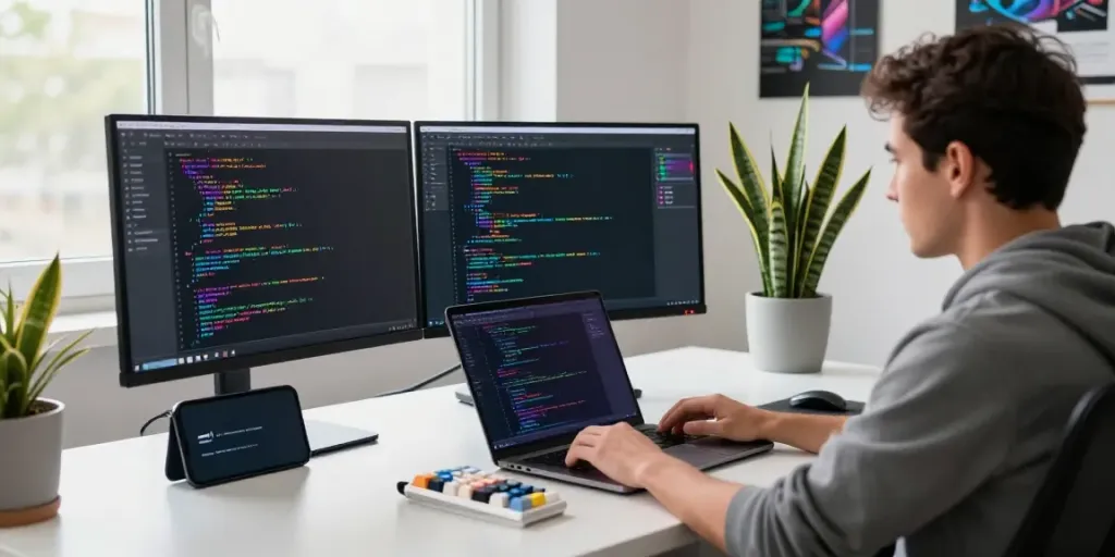 Developer coding on laptop with dual monitors and modern workspace setup reflecting productive atmosphere in Notepad.