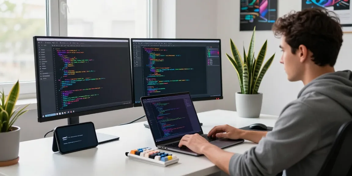 Developer coding on laptop with dual monitors and modern workspace setup reflecting productive atmosphere in Notepad.
